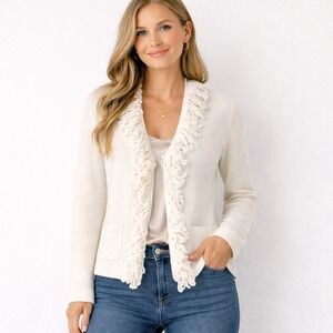 NWT Cream Wool Fringe Cardigan Womens Large Boxy Boho Scandi Quiet Luxury Indie‎